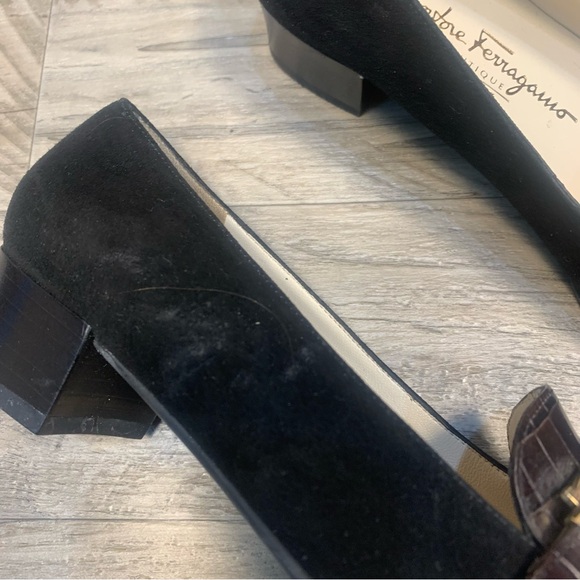 Ferragamo Boutique Italy Suede Croc Horse Bit Buckle Square Toe Loafers - Picture 8 of 13